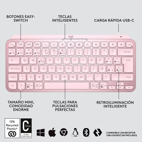 teclado logitech mx keys mini rosa inalámbrico